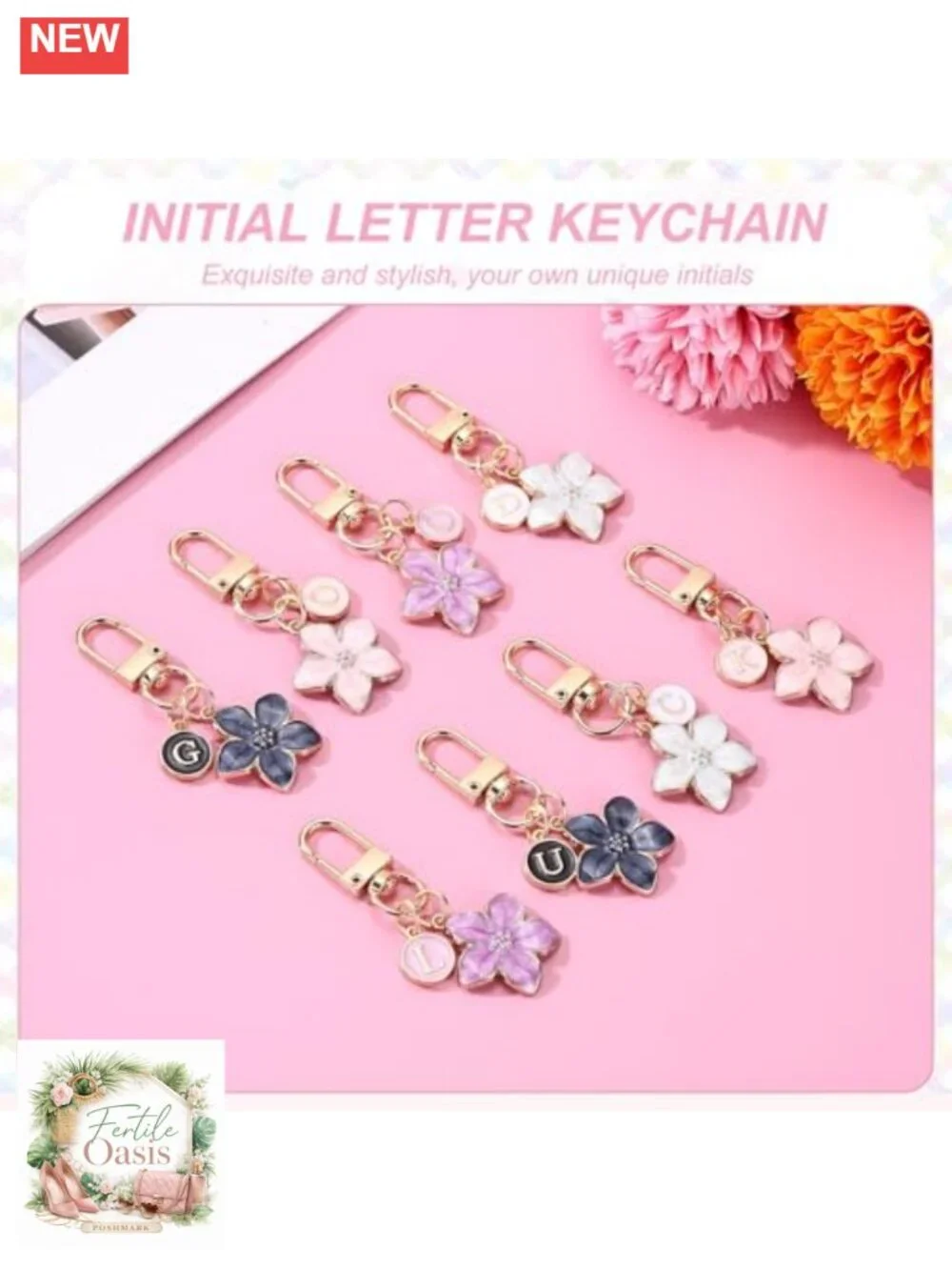 Alloy Flower Initial Letter Keychain Charm for Bags Keys Decorative